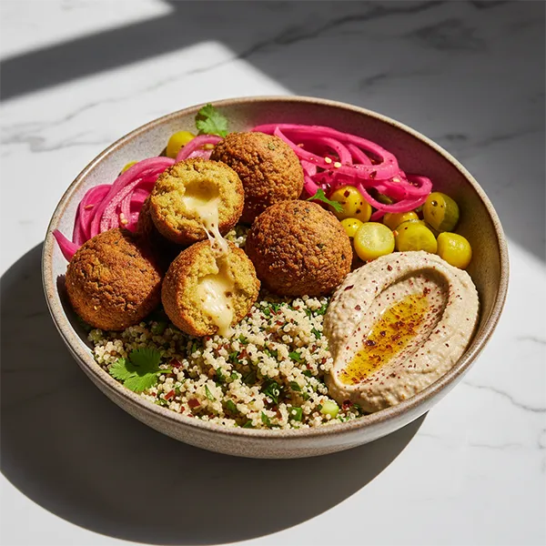 Cheese Stuffed Falafel Bowl with Quinoa, Pickled Vegetable and Smoked Mutabal